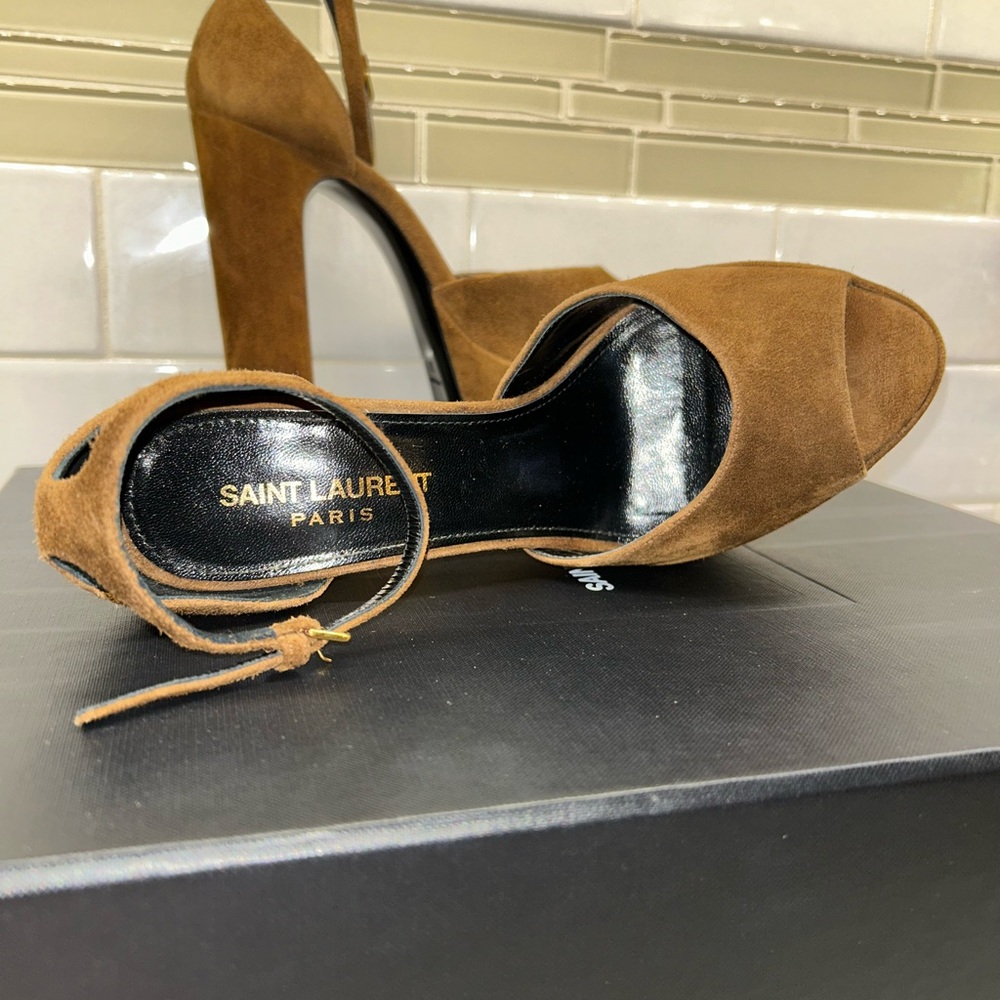 Saint Laurent Tan Suede Platform Heels - Picture 4 of 10